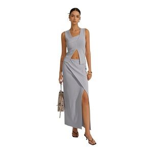 COMMENSE Asymmetrical Slit Knit Skirt Set
Color Blue Size Medium NWT Sleeveless